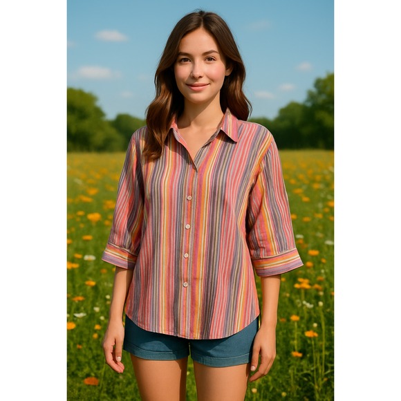 Talbots Women Stripe Button Up Long Sleeve Shirt Preppy Casual Office Stretch 1X - Picture 1 of 9